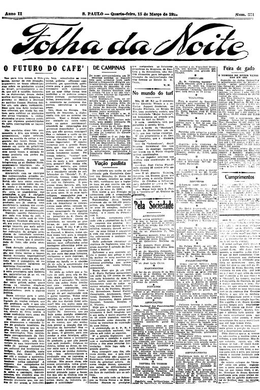 Primeira Página da Folha da Noite de 15 de março de 1922