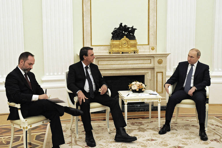 Presidente do Brasil, Jair Bolsonaro, durante reunião com seu contraparte russo, Vladmir Putin