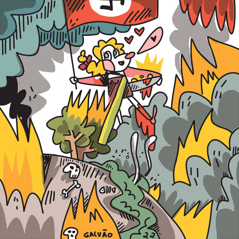 Ilustração representando uma boneca de cabelos loiros empunhando a bandeira do partido nazista em maio a uma floresta em chamas