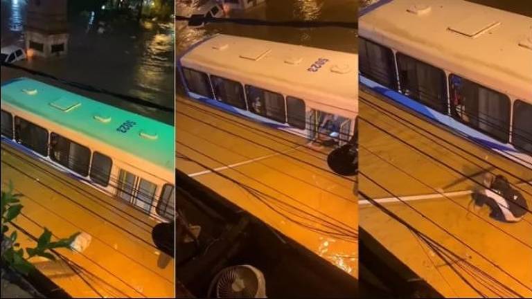 Imagens registradas pelo dentista Lucas Riba mostram passageiros em ônibus tomado pela enchente