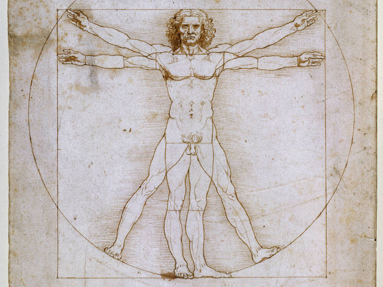 Réplica de 'Homem Vitruviano', desenho feito por Leonardo Da Vinci em 1490