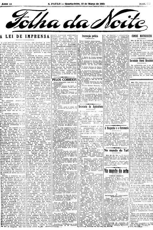 Primeira Página da Folha da Noite de 22 de março de 1922