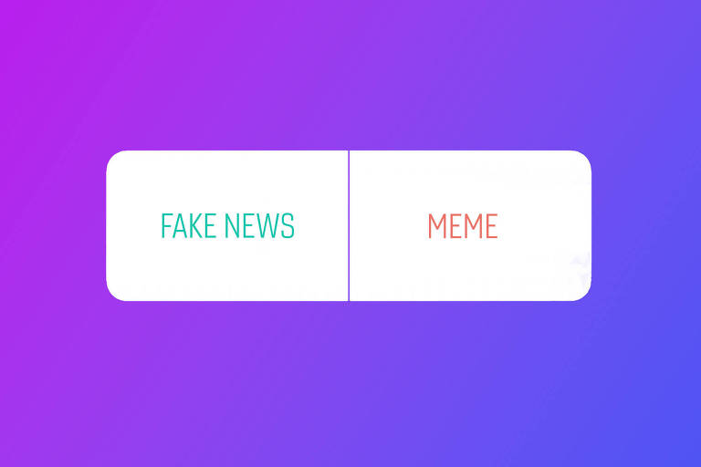 Ilustração representando dois botões, em cada um dos quais está escrito "fake news" e "meme"