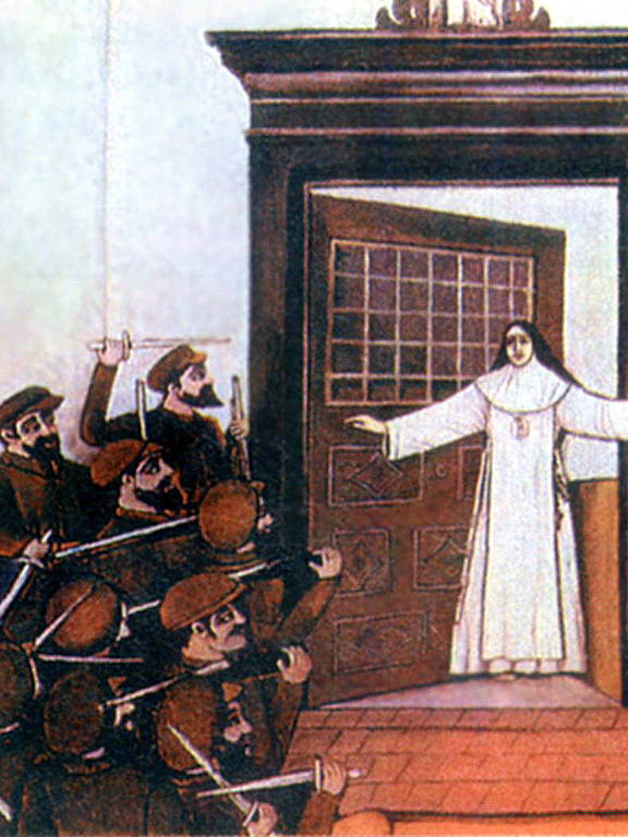 pintura mostra freira com os braços erguidos na frente de um convento. ela está cercada de soldados que empunham baionetas 
