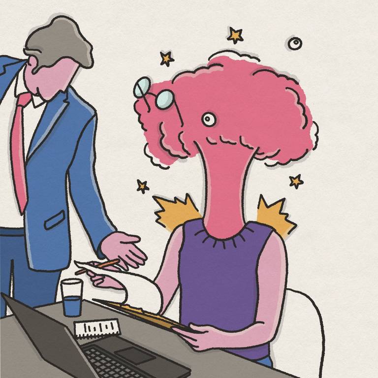 A imagem é uma ilustração de uma cena de escritório com dois personagens fictícios. À esquerda, há uma figura masculina vestindo um terno azul e gravata vermelha, gesticulando com a mão direita. À direita, há uma figura com uma cabeça rosa em forma de nuvem, usando óculos e uma camisa roxa, sentada em frente a um laptop. Há uma folha de papel e um copo de água sobre a mesa.
