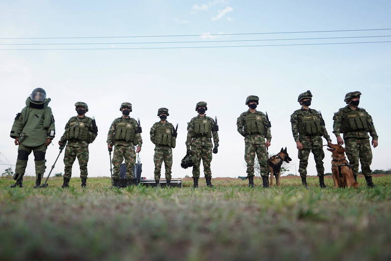 Oito soldados estão de pé, lado a lado, em um campo aberto de uma base militar em Arauca, na Colômbia; dois deles têm cães ao lado