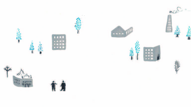 Ilustração representando prédios, casas indústrias, casas, árvores e pessoas