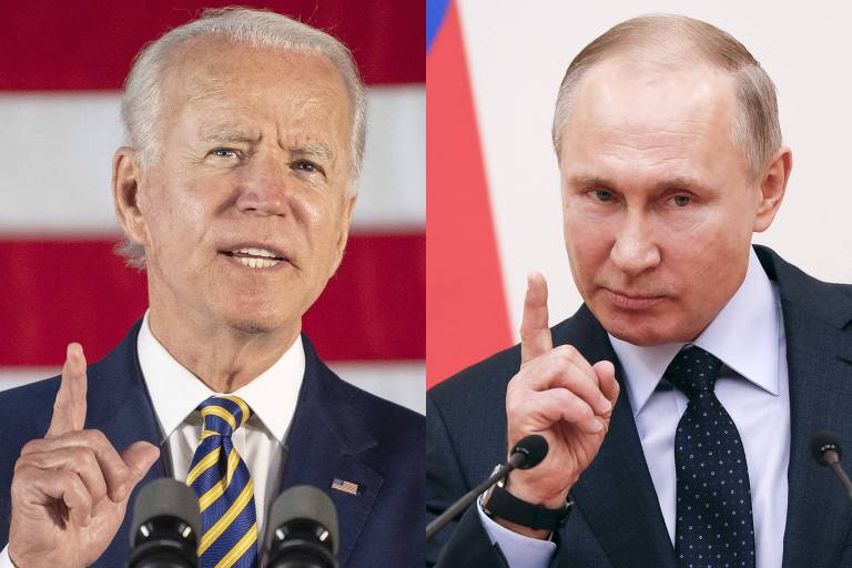 O presidente Joe Biden, quando ainda era candidato em 2020, e seu colega Vladimir Putin