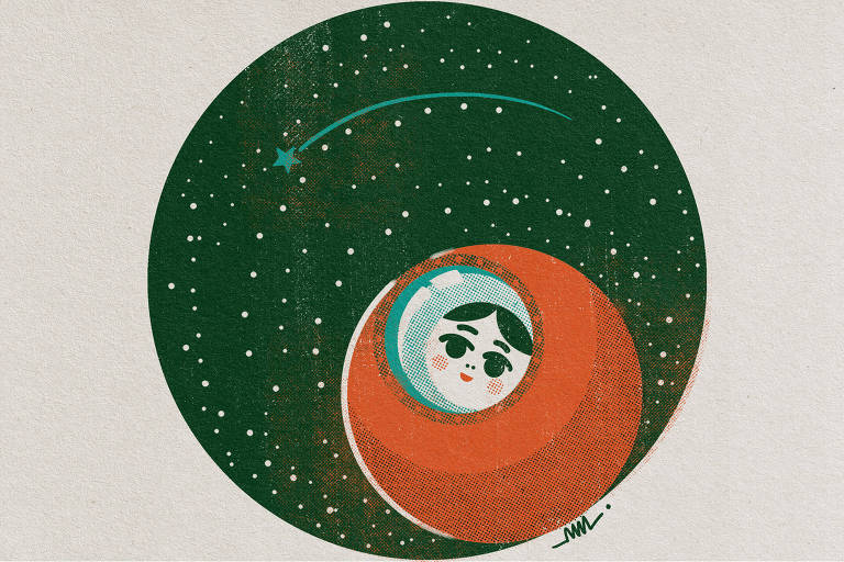 Ilustração de uma matriosca com um fundo estrelado, no qual uma estrela cadente está em movimento