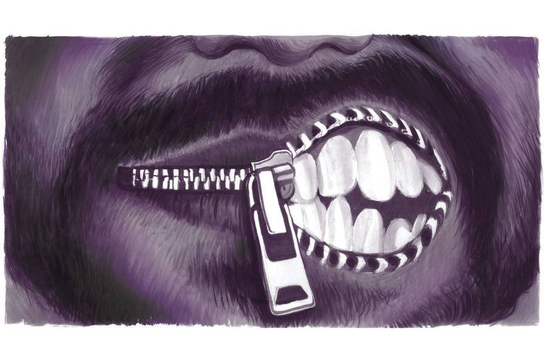 Ilustração de uma boca com um zíper entre os lábios. O zíper está fechado do lado esquerdo e aberto do lado direito, no qual os dentes ficam a mostra.