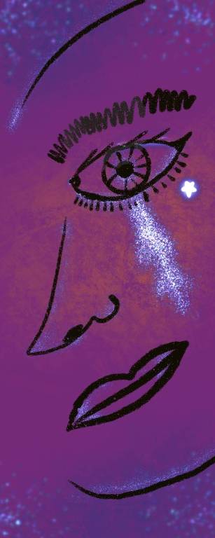 Ilustração representando um rosto no qual figura um olho com as pupilas dilatadas, do qual escorre um líquido brilhoso