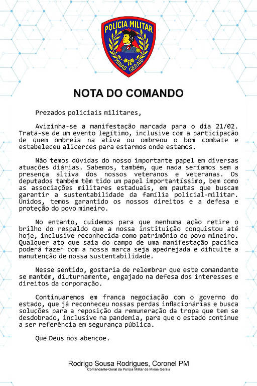 Nota da Policia Minlitar de Minas Gerais sobre o protesto de policiais marcada para o dia 21 de fevereiro de 2022,. O comunicado é assinado pelo coronel Rodrigo Sousa Rodrigues, comandante da PM de Minas Gerais.