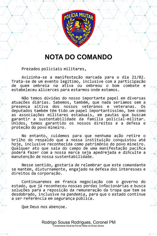 Nota do comando da Policia Minlitar de Minas Gerais, sobre o protesto de policiais ocorrido em 21 de fevereiro de 2022. O comunicado é assinado pelo coronel Rodrigo Sousa Rodrigues