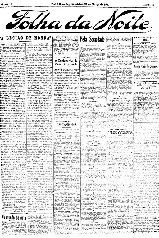 Primeira Página da Folha da Noite de 27 de março de 1922