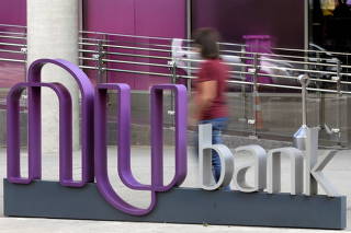 FILE PHOTO: The logo of Nubank, a Brazilian fintech startup, is pictured at the bank's headquarters in Sao Paulo