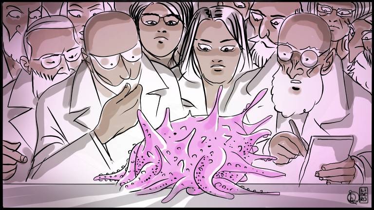 Ilustração representando muitos médicos que se debruçam sobre um mesmo vírus disposto numa mesa e que parece uma bola cheia de espinhos