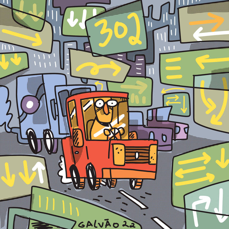 Ilustração representando uma pessoa dirigindo um carro à frente de um caminhão e diante de várias placas de trânsito