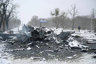 A view shows fragments of destroyed military vehicles in Kharkiv
