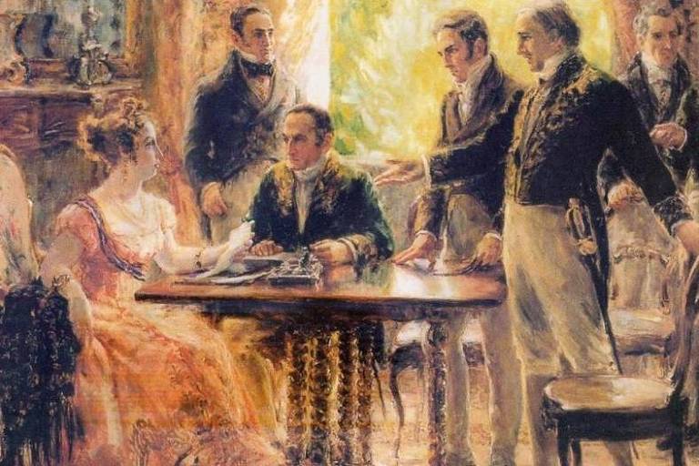 no canto da pintura, sentada a uma mesa, está a imperatriz Leopoldina, usando um vestido da cor creme. ela é rodeada por homens em roupas formais, que gesticulam na reunião
