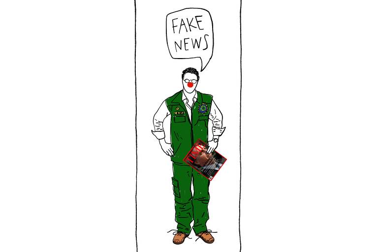 Ilustração mostra o ex-ministro do Meio Ambiente Ricardo Salles usando um nariz de palhaço e segurando uma revista Time com a foto de Jair Bolsonaro na capa. Ele diz "Fake news"