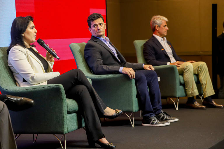 Moro durante evento do grupo Lide com os também presidenciáveis Simone Tebet (MDB) e Luiz Felipe d'Avila (Novo)