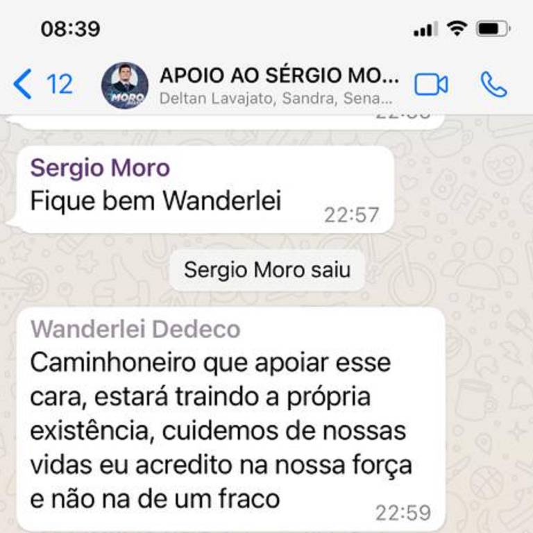 Troca de mensagens entre Sergio Moro e Wanderlei Dedeco em grupo de WhatsApp