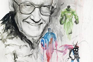 A black and white portrait of Stan Lee with four characters in colour are seen in this undated handout image