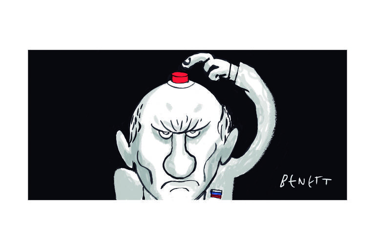 Charge mostra o presidente russo Vladimir Putin, com expressão de raiva, prestes a apertar um botão vermelho no topo da sua cabeça.