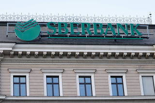 The logo of the Russian Sberbank Europe AG bank is seen on their headquarters in Vienna
