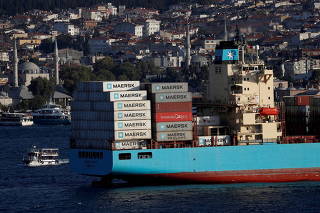 FILE PHOTO: The Maersk Line container ship Maersk Batam sails in the Bosphorus, on its way to the Mediterranean Sea, in Istanbul