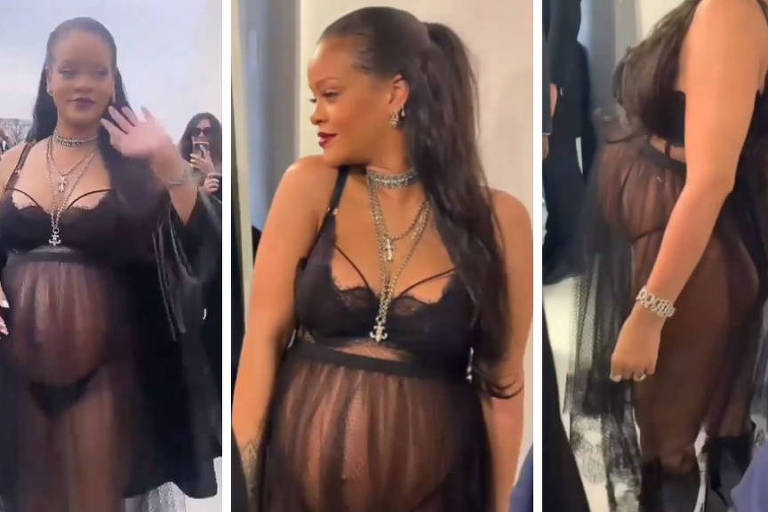 Rihanna exibe barrigão de grávida em babydoll transparente