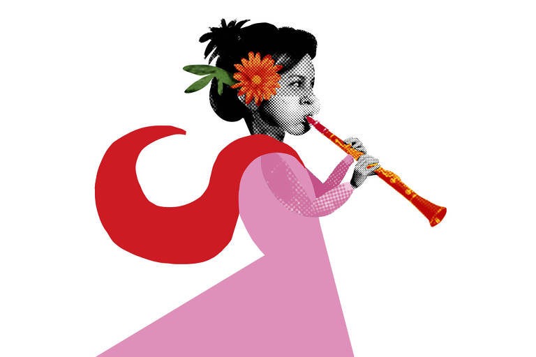 IlustraçãColagem digital de moça usando vestido rosa e cachecol vermelho. Ela tem o cabelo preso, com flores e toca uma corneta.