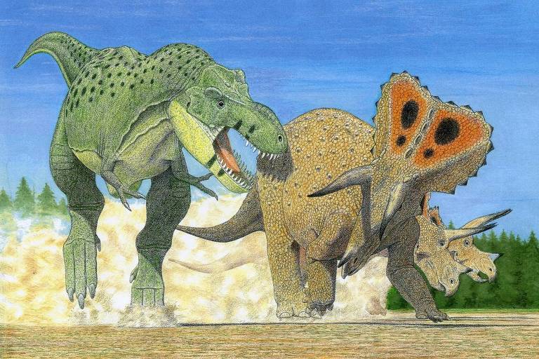 A ilustração mostra um Tyrannosaurus imperator atacando um rebanho do Triceratops horridus