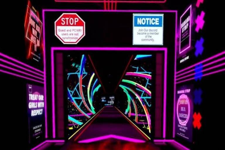 Imagem de reprodução de um aplicativo mostra entrada de um clube virtual de strip-tease com luzes em neon