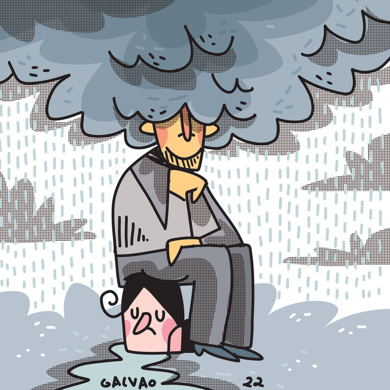 Ilustração mostra homem sentado em cima de cabeça de uma mulher. O ambiente em volta é cinza, nublado com chuva, e há uma nuvem em volta do rosto dele.