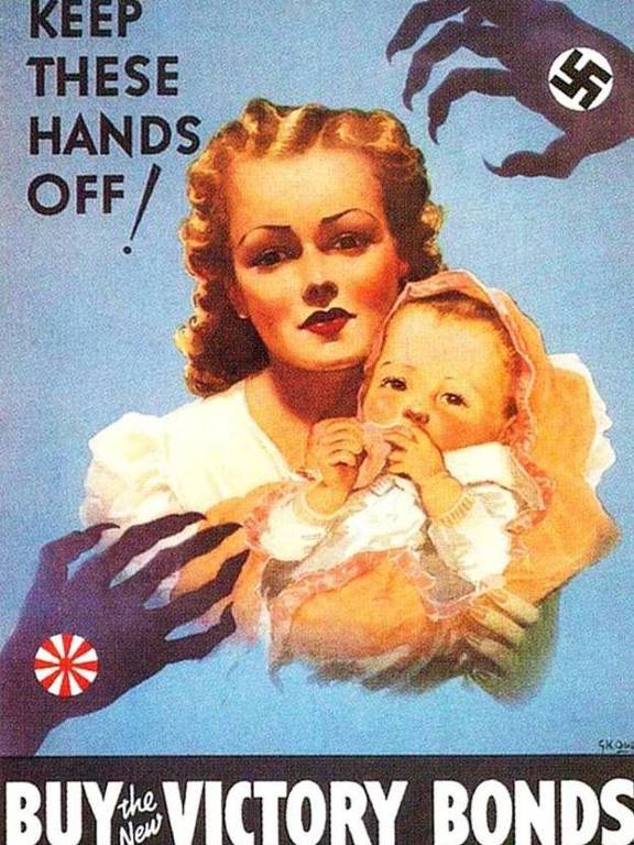 Propaganda com desenho de mulher segurando bebê 