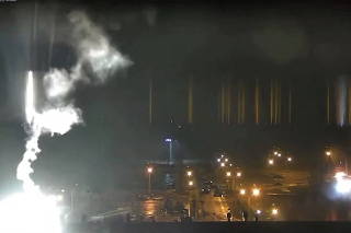 Surveillance camera footage shows a flare landing at the Zaporizhzhia nuclear power plant during shelling in Enerhodar