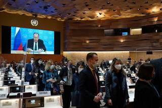 Ambassadors and diplomats walk out in protest of Russia's invasion of Ukraine, in Geneva