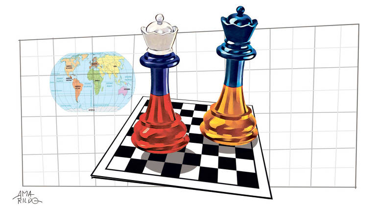 Ilustração de duas peças rainhas de xadrez (uma é branca, azul e vermelha e a outra é azul e amarela), elas estão em cima de um tabuleiro de xadrez pequeno, ocupando quase todo o espaço. No fundo, há um mapa mundi e linhas cinzas que formando uma superfície quadriculada.