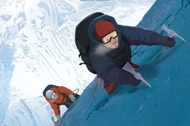 Cena de filme de animação representando dois homens que sobem um montanha de gelo com picaretas