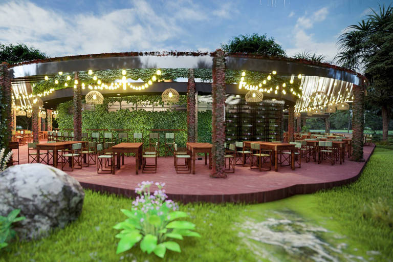 A imagem mostra uma perspectiva artística de um restaurante com mesas ao ar livre e salão envolto por vegetação
