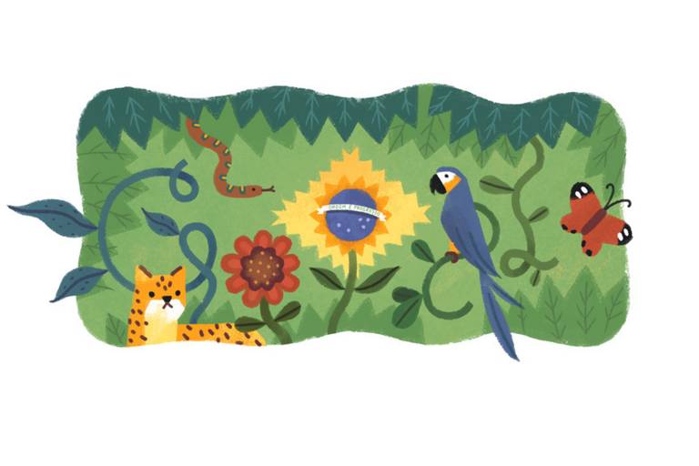 Logo do Google com onça-pintada, arara azul e flores formando a bandeira do Brasil
