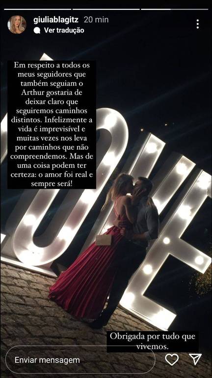   Publicação de Giulia Blagitz no Instagram rompendo namoro com o deputado Arthur do Val (Podemos)