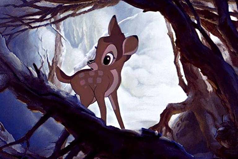 Bambi dá pela falta de sua mãe numa cena culminante do filme de Walt Disney (1942) 
