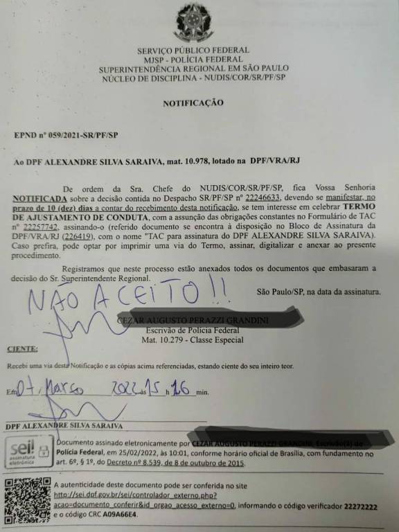 Notificação de Termo de Ajustamento de Conduta recebida pelo ex-superintendente da Polícia Federal no Amazonas Alexandre Saraiva