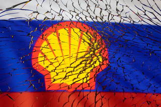 FILE PHOTO: Illustration shows Shell logo and Russian flag through broken glass