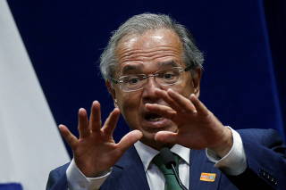 Brazil's Economy Minister Paulo Guedes speaks during the launch ceremony of the regulatory model of the National Institute of Metrology, Standardization and Industrial Quality (INMETRO) in Brasilia