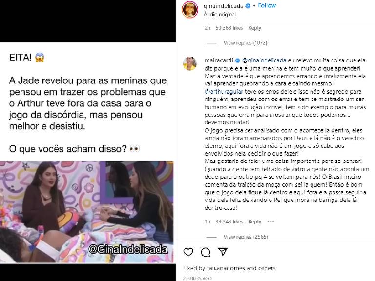 Maíra Cardi comenta sobre Jade Picon