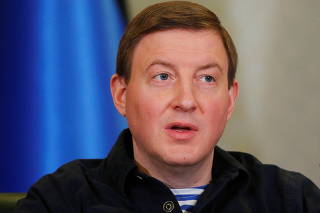 Secretary of the United Russia Party's General Council Andrey Turchak attends a news conference in Donetsk