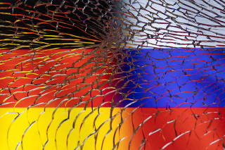 Illustration shows German and Russian flags through broken glass